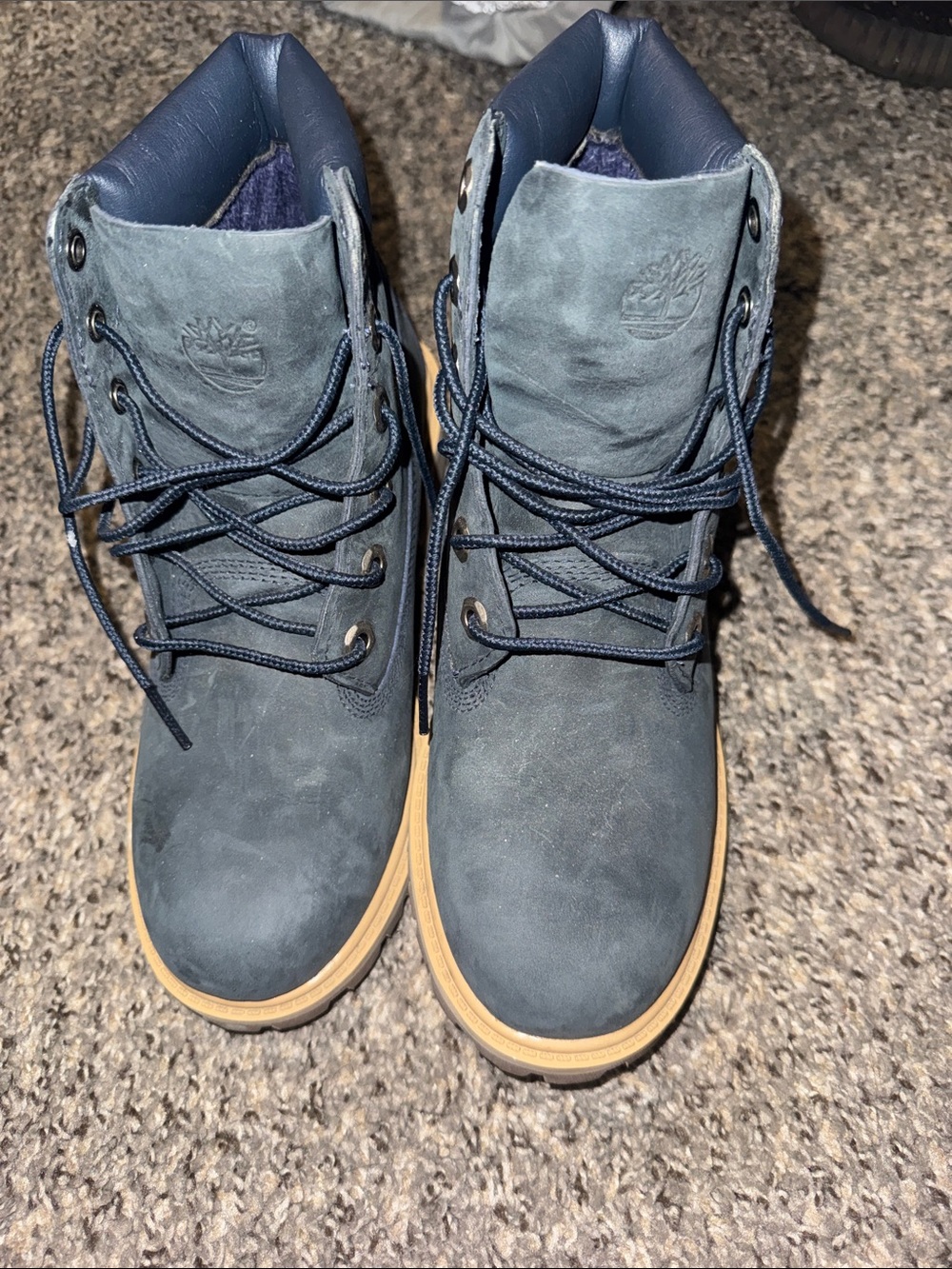 Timberland Men's Navy Blue Leather Lace-Up Boots with Tan Sole
